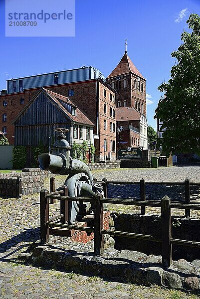 Europe  Germany  Mecklenburg-Western Pomerania  Teterow  View from the old mill to the town church from 1270  Teterow  Mecklenburg-Western Pomerania  Germany  Europe