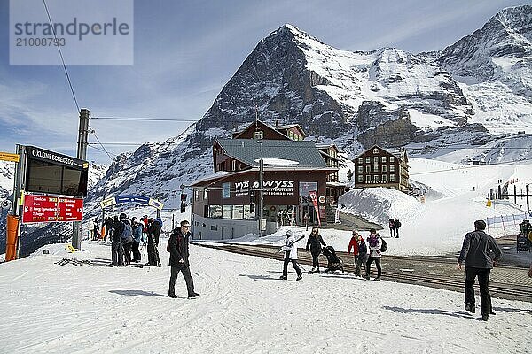 25 March 2024  Kleine Scheidegg  Grindelwald Switzerland : Many skiers and tourists enjoy the sunny winter weather. The famous north face of the Eiger in the background