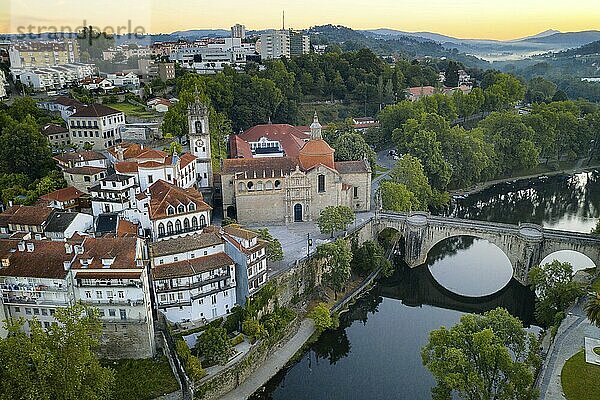 Amarante drone aerial view with beautiful church and bridge in Portugal at sunrise