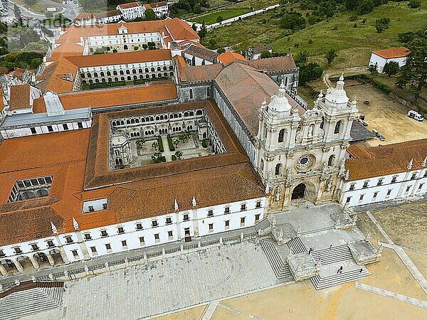 Historic monastery with red roof and courtyard  surrounded by landscape  aerial view  Mosteiro de Alcobaça Monastery  Alcobaca  Oeste  Centro  Portugal  Europe