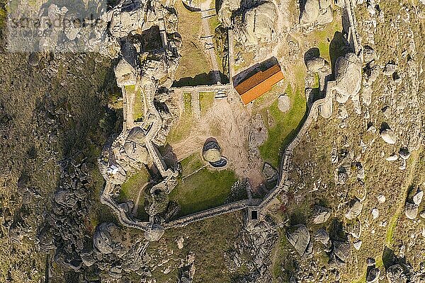 Drone aerial above top view of Monsanto historic castle  in Portugal