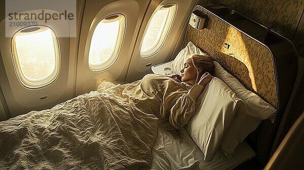 A woman sleeping under a blanket by an airplane window  enveloped in warm light  AI generated