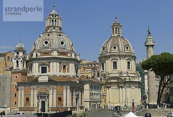 View from the Monumento Vittorio Emanuele II  Piazza Venezia  to the church of Santa Maria di Loreto  behind it the twin church Santissimo Nome di Maria al Foro Traiano  Rome  Italy  Europe