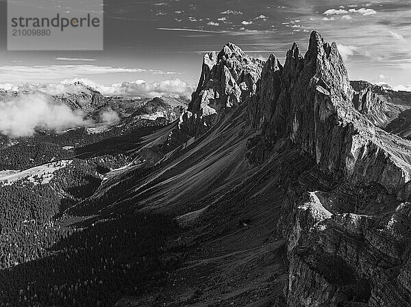 The peaks Sas Rigais and Furchetta of the Geisler group  drone image  black and white image  Val Gardena  Dolomites  Autonomous Province of Bolzano  South Tyrol  Italy  Europe