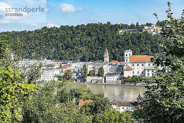 View over Passau  Bavaria  Germany with blue cloudy sky