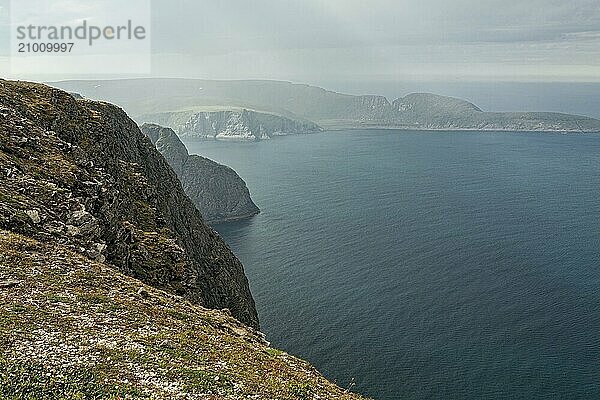 Cliff and ocean in North Cape in Mageroya island  the most northerly point of Europe  Norway  Europe