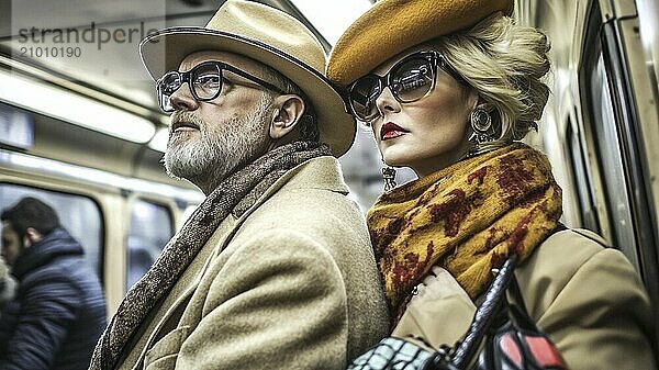 A fashionably dressed man and woman in a metro with a vintage and sophisticated style  travel theme AI generated