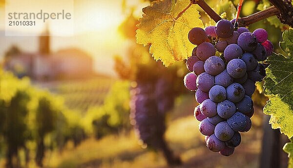 Red grape ripening in the sun rays at a vineyard. Soft sunset light and a view to the winery on the hills in the background. AI Generated  AI generated