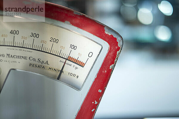 An Italian scale weighs 100 grams in a bakery in Buonconvento  Italy.