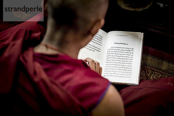 Young monk in monastery chanting from prayer book  Boudhanath Temple  Kathmandu  Nepal