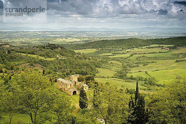 A farm house stands outside of Montalcino in Tuscany  Italy.