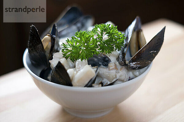 Mussels and clams make up a strong seafood chowder.