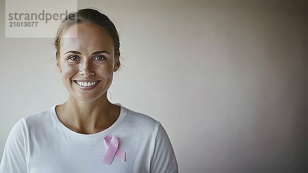 Mid-adult woman with a pink ribbon looking at the camera with ample copy space. AI generated