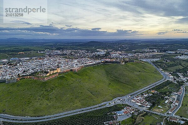 Elvas cityscape drone aerial panoramic view with beautiful green landscape of Alentejo  in Portugal