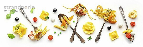 Various pasta forks panorama. Spaghetti  fusilli  penne and other shapes of pasta  with sauce  overhead flat lay shot on a white background  Food photography