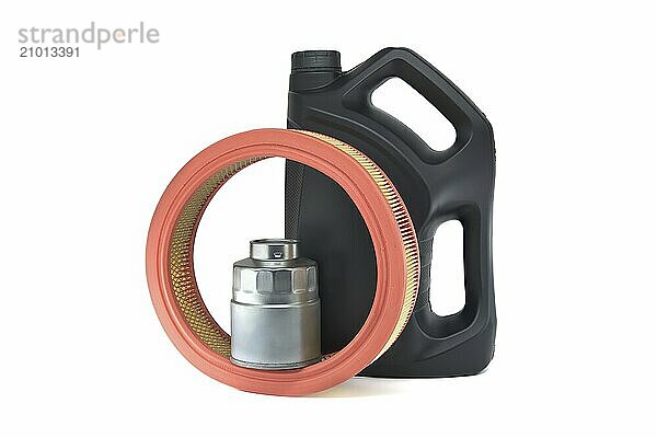 Black plastic oil canister  orange air filter and silver metal oil filter isolated on white background  suggesting vehicle maintenance or part replacement