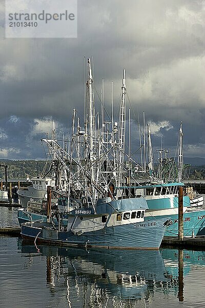 Commercial and private fishing boats docked at the historic bay front in Newport  Oregon