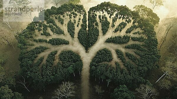 Overhead view of a tree with a split canopy resembling lungs  nestled in a misty forest  evoking a calming and symmetrical feel  AI generated