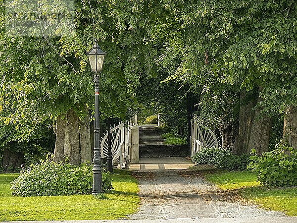 Park path with trees  lantern and bridge  dornum  east frisia  germany