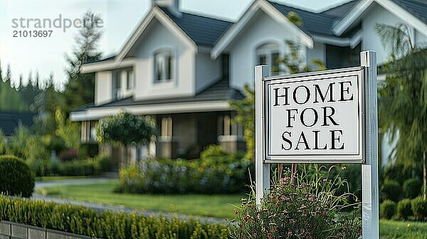 Home for sale real estate sign in front of house. generative AI  AI generated