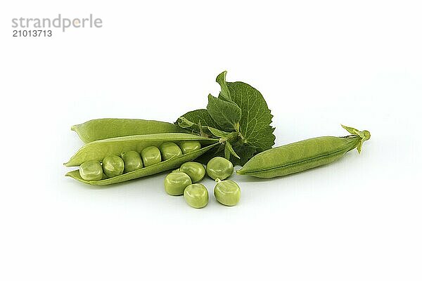 Fresh green peas and pea pods with green leaves isolated on a white background