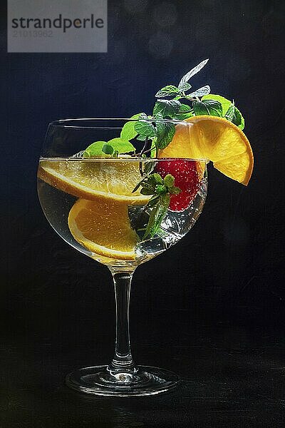 Fancy cocktail with fresh fruit. Gin and tonic drink with ice at a party  on a black background. Alcohol with orange  mint  and strawberry  toned image  Food photography  Food photography