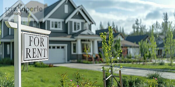 Home for rent real estate sign in front of house. generative AI  AI generated