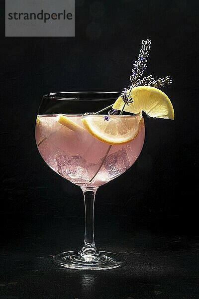 Cocktail with fresh fruit and flowers. Gin and tonic drink with ice at a party  on a black background. Alcohol with lavender and lemon