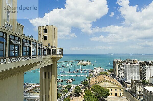 Salvador  Brazil  Novemberl 11  2019: View of the Lacerda Elevator and the Todos os Santos Bay in Salvador  Bahia  Brazil  South America