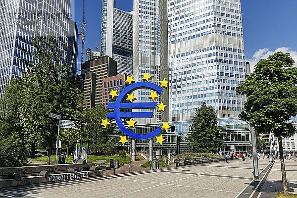 Euro sign symbolising Europe with banks High-rise buildings on Willy-Brandt-Platz in Frankfurt  Germany  Europe