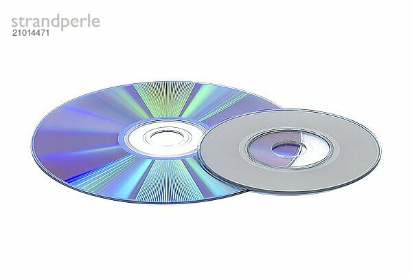 Close up of a CD positioned flat on a plain white background. The CD's reflective surface showcasing the intricate spiral track pattern that represents data storage