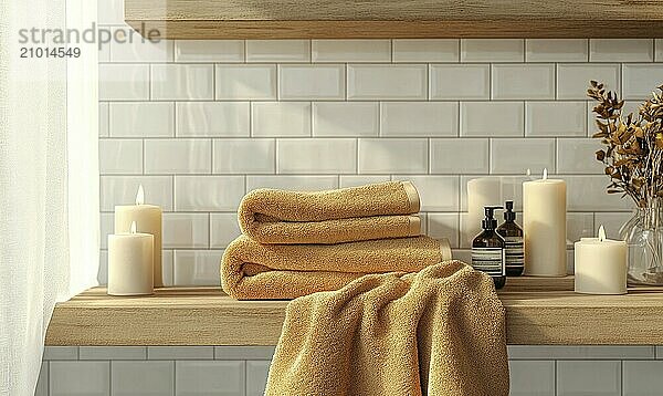 Scandinavian bathroom with autumn-colored towels and candles on the shelf AI generated