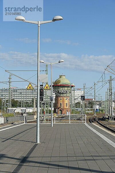 Water tower at the main railway station  station surroundings with tracks under a blue sky  Halle  Saxony-Anhalt  Germany  Europe