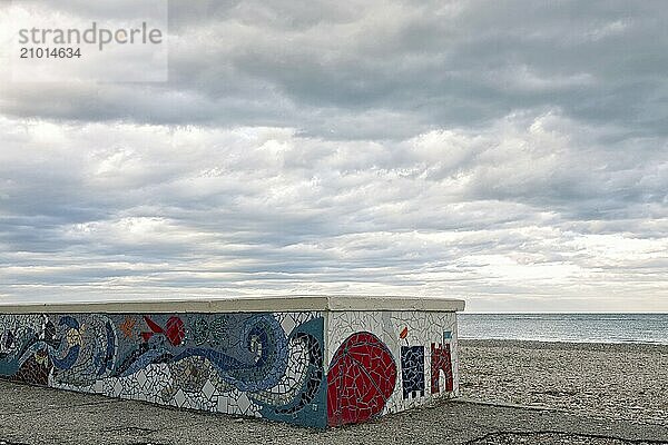 The mosaic on the wall in the seafront in Marotta  Italy  Europe