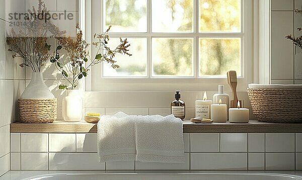 Scandinavian bathroom with autumn-colored towels and candles on the shelf AI generated