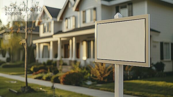 Blank real estate sign ready for your message in front of house. generative AI  AI generated