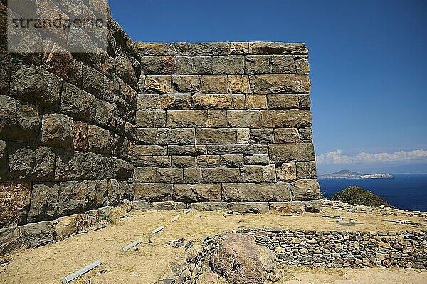 Stone walls of an ancient ruin overlooking the sea under a clear sky  Palaiokastro  Ancient fortress  3rd and 4th century BC  above Mandraki  Nisyros  Dodecanese  Greek Islands  Greece  Europe