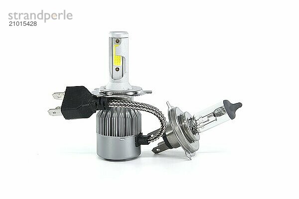 Car H4 LED and halogen headlight bulbs isolated on white background