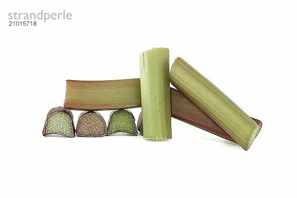 Group of rhubarb pieces in various shapes and sizes arranged in a scattered formation isolated on white background