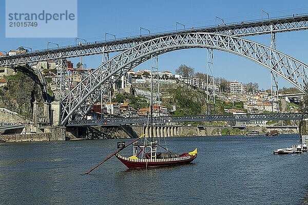 Place of interest  architecture  view from Vila Nova de Gaia to a Rabelo and the bridge Ponte Dom Luis I with light railway of the Metro do Porto  Porto  Portugal  Europe