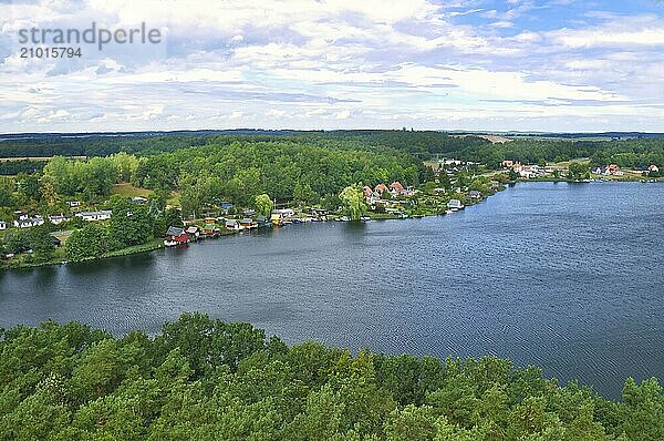 View of Krakow am See. Lakes landscape with dense forests on the shore. Vacation resort in germany. Nature photo