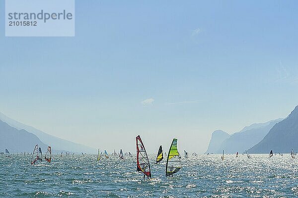 People windsurfing on a sunny day with clear blue skies and mountain backdrop  Lake garda  Torbole  Lake garda  Lago di Garda  Trentino  Italy  Europe