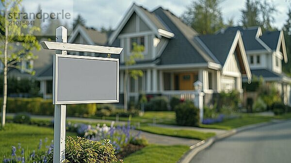 Blank real estate sign ready for your message in front of house. generative AI  AI generated