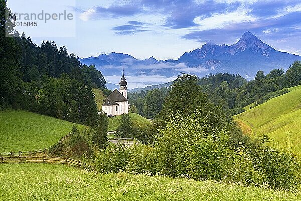 Maria Gern pilgrimage church  view of the Watzmann  in front of sunrise  Berchtesgarden Alps  Berchtesgaden  Berchtesgadener Land  Upper Bavaria  Bavaria  Germany  Europe