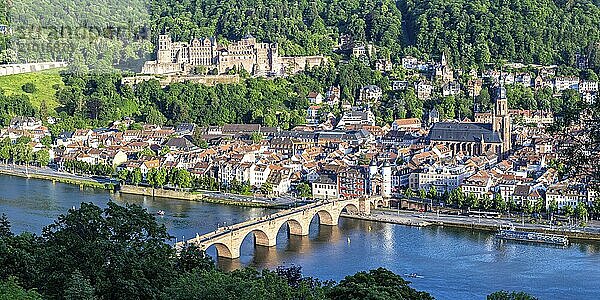 View of Castle River Neckar and Old Bridge Panorama in Heidelberg  Germany  Europe