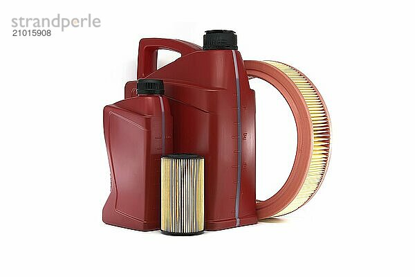 Red motor oil canister and filter isolated on white background  automobile maintenance  automotive sector  oil and filter replacement