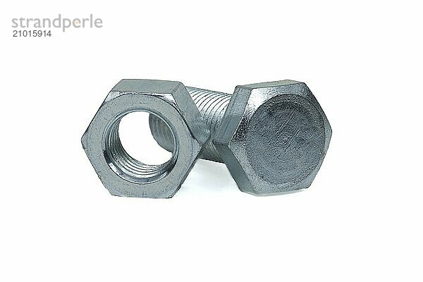 Male screw and hexagon nut coated with a protective layer of zinc isolated on white background