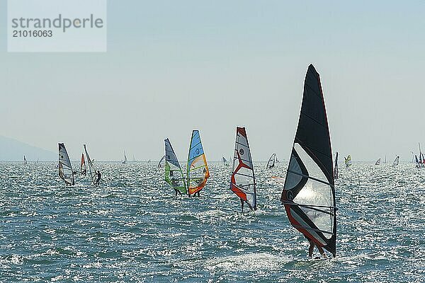 People windsurfing on a sunny day with clear blue skies and mountain backdrop  Lake garda  Torbole  Lake garda  Lago di Garda  Trentino  Italy  Europe