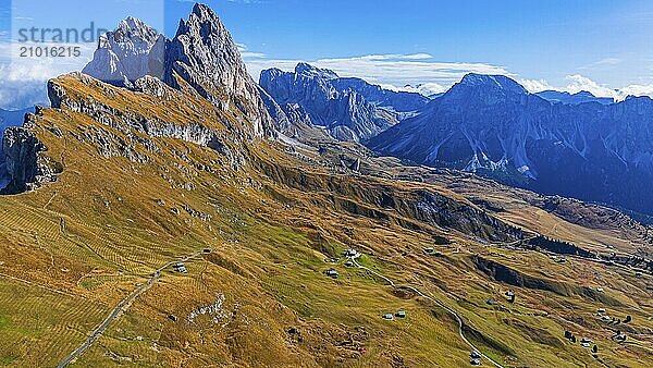 The Sas Rigais and Furchetta peaks of the Odle Group  drone shot  Val Gardena  Dolomites  Autonomous Province of Bolzano  South Tyrol  Italy  Europe