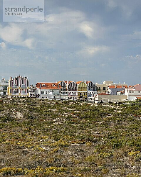 Costa Nova traditional color stripes houses near the beach in Aveiro  Portugal  Europe